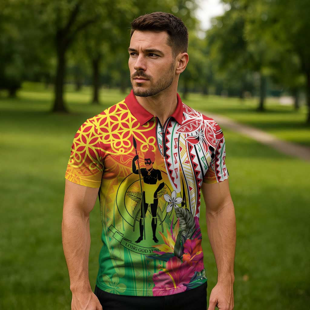Vanuatu 45th Anniversary Zipper Polo Shirt Polynesian with Sand Drawing Pattern - Polynesian Pride