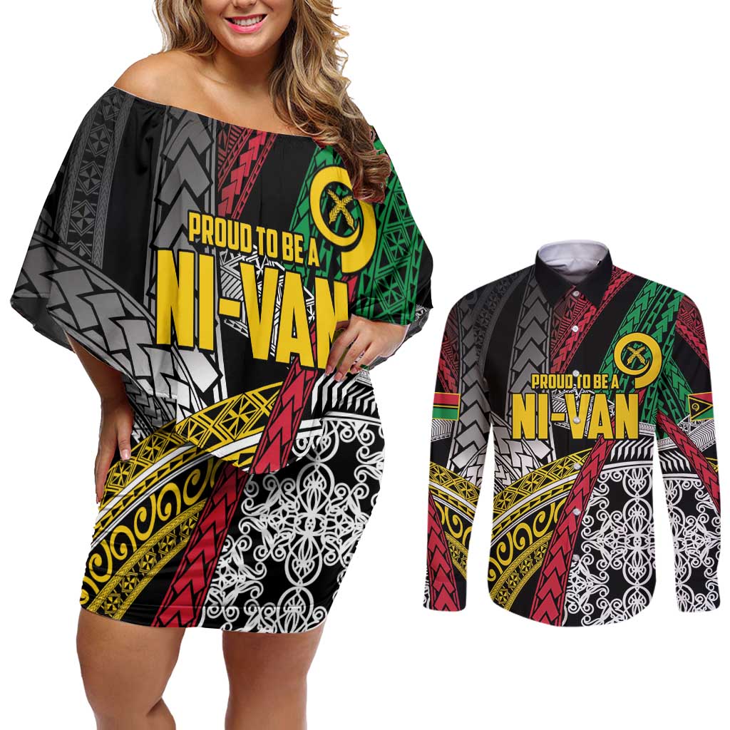 Vanuatu Proud to be Ni-van Personalised Couples Matching Off Shoulder Short Dress and Long Sleeve Button Shirt with Mutis En Atan Patterns