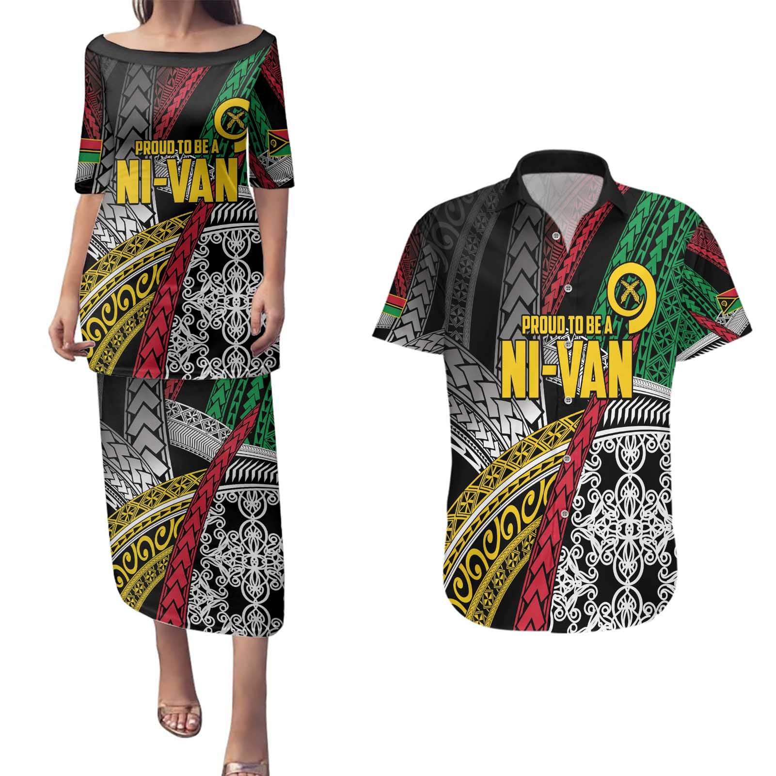 Vanuatu Proud to be Ni-van Personalised Couples Matching Puletasi and Hawaiian Shirt with Mutis En Atan Patterns