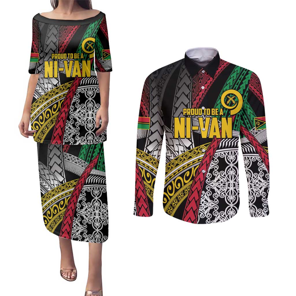 Vanuatu Proud to be Ni-van Personalised Couples Matching Puletasi and Long Sleeve Button Shirt with Mutis En Atan Patterns