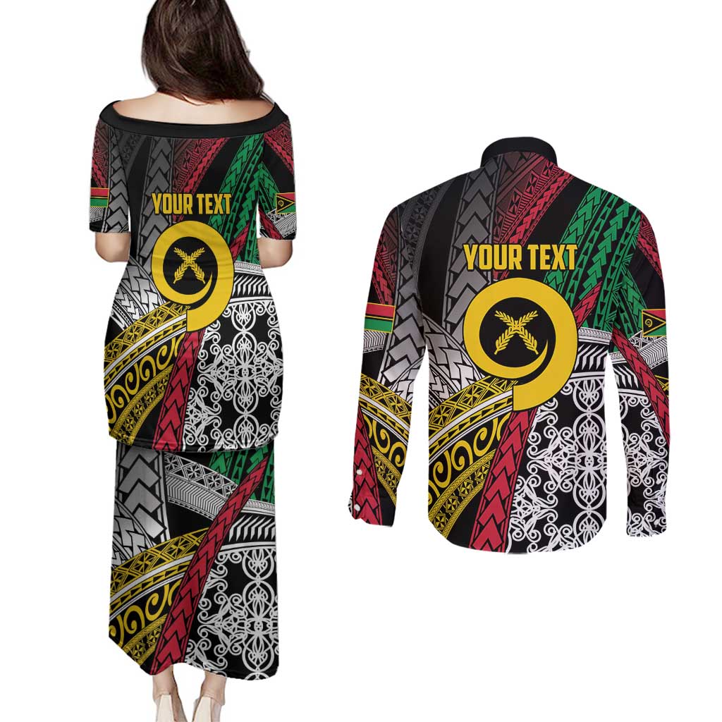 Vanuatu Proud to be Ni-van Personalised Couples Matching Puletasi and Long Sleeve Button Shirt with Mutis En Atan Patterns