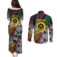 Vanuatu Proud to be Ni-van Personalised Couples Matching Puletasi and Long Sleeve Button Shirt with Mutis En Atan Patterns