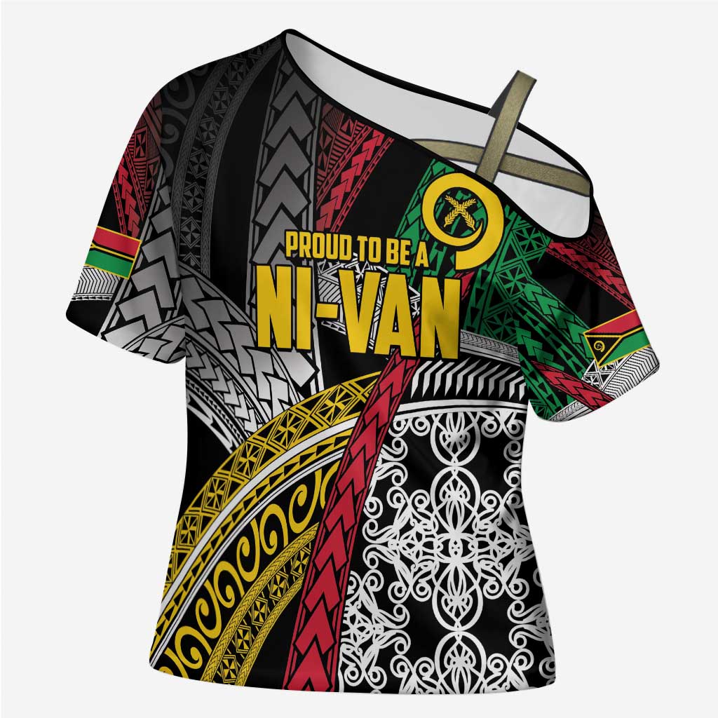 Vanuatu Proud to be Ni-van Personalised Cross Shoulder Shirt with Mutis En Atan Patterns - Polynesian Pride