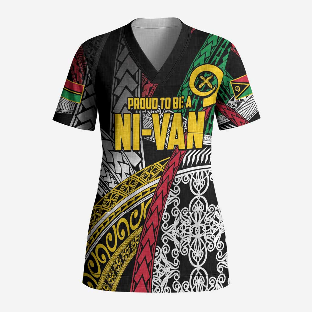 Vanuatu Proud to be Ni-van Personalised Scrub Top with Mutis En Atan Patterns - Polynesian Pride