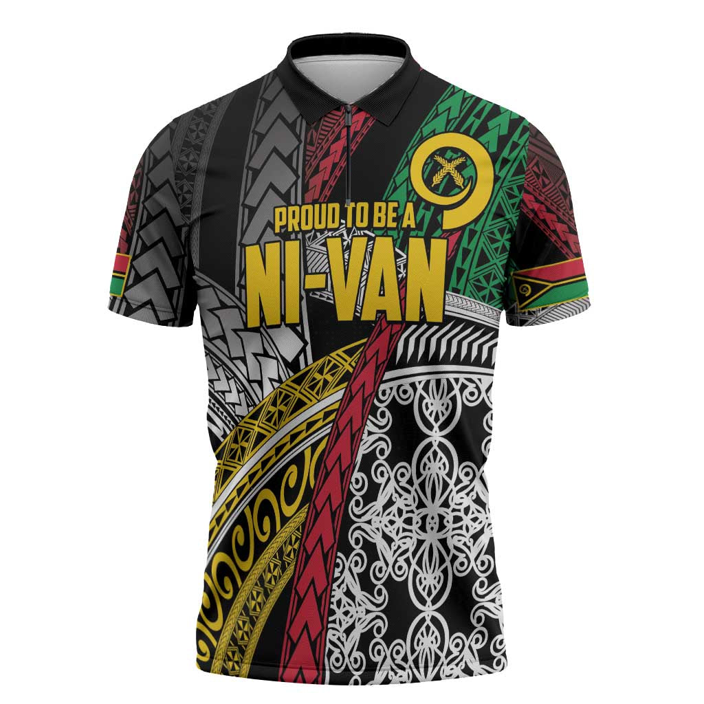 Vanuatu Proud to be Ni-van Personalised Zipper Polo Shirt with Mutis En Atan Patterns - Polynesian Pride
