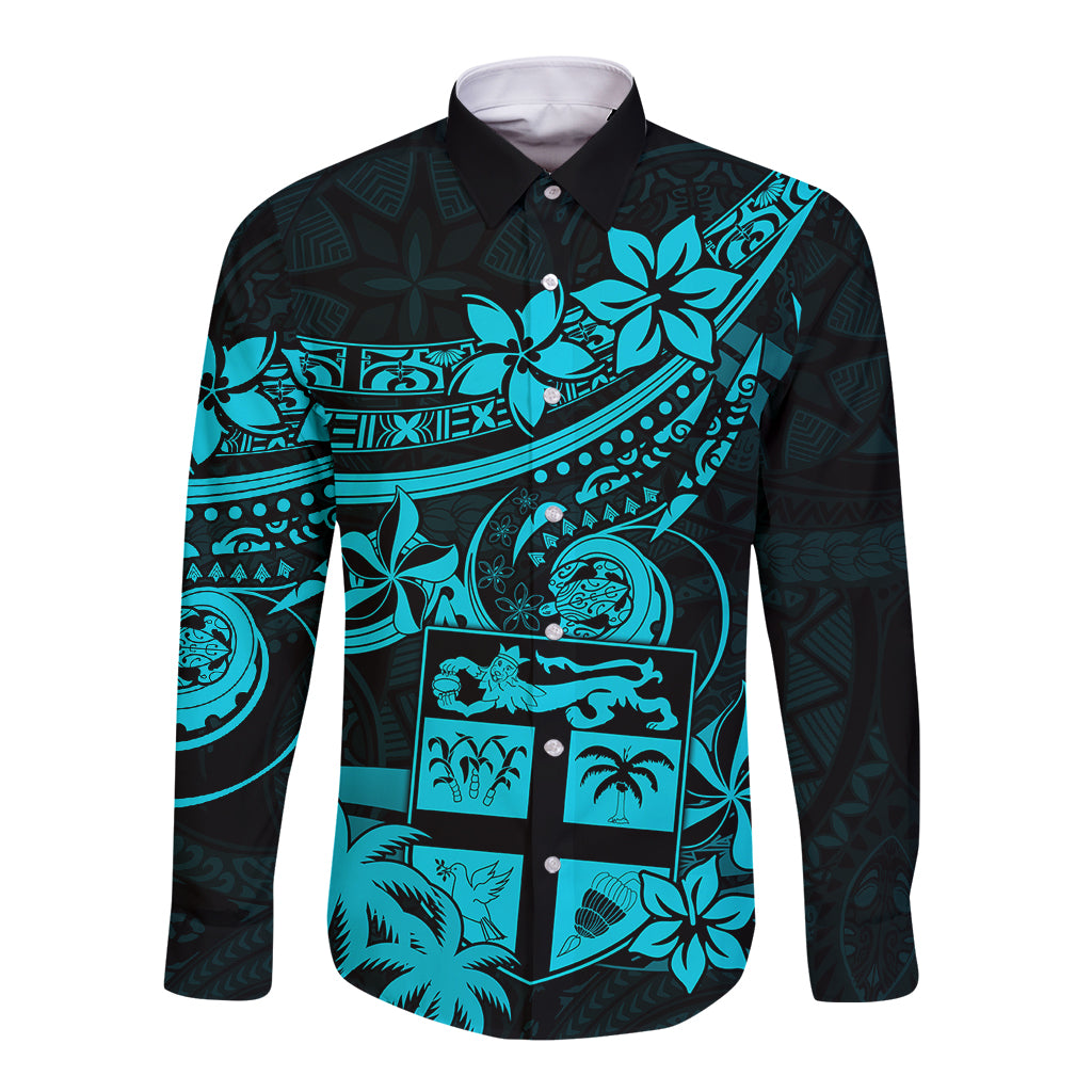 Fiji Islands Long Sleeve Button Shirt Coat of Arms Fijian Flower Polynesian Pattern - Aqua LT9 Unisex Aqua - Polynesian Pride