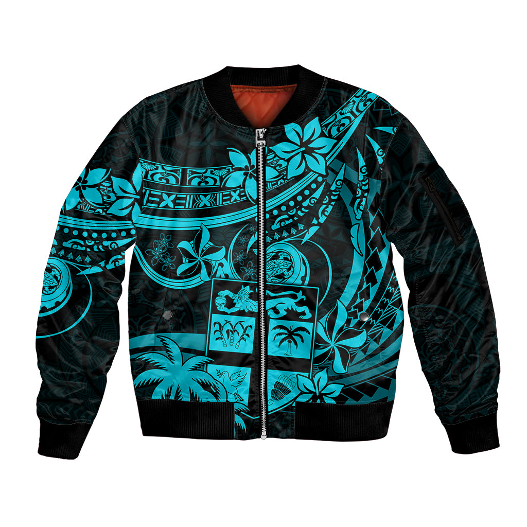 Fiji Islands Sleeve Zip Bomber Jacket Coat of Arms Fijian Flower Polynesian Pattern - Aqua LT9 Unisex Aqua - Polynesian Pride