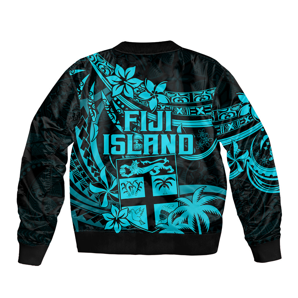 Fiji Islands Sleeve Zip Bomber Jacket Coat of Arms Fijian Flower Polynesian Pattern - Aqua LT9 - Polynesian Pride