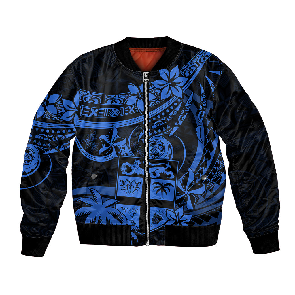 Fiji Islands Bomber Jacket Coat of Arms Fijian Flower Polynesian Pattern - Blue LT9 Unisex Blue - Polynesian Pride