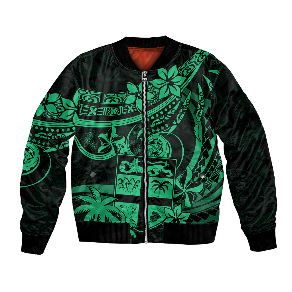 Fiji Islands Bomber Jacket Coat of Arms Fijian Flower Polynesian Pattern - Green LT9 Unisex Green - Polynesian Pride