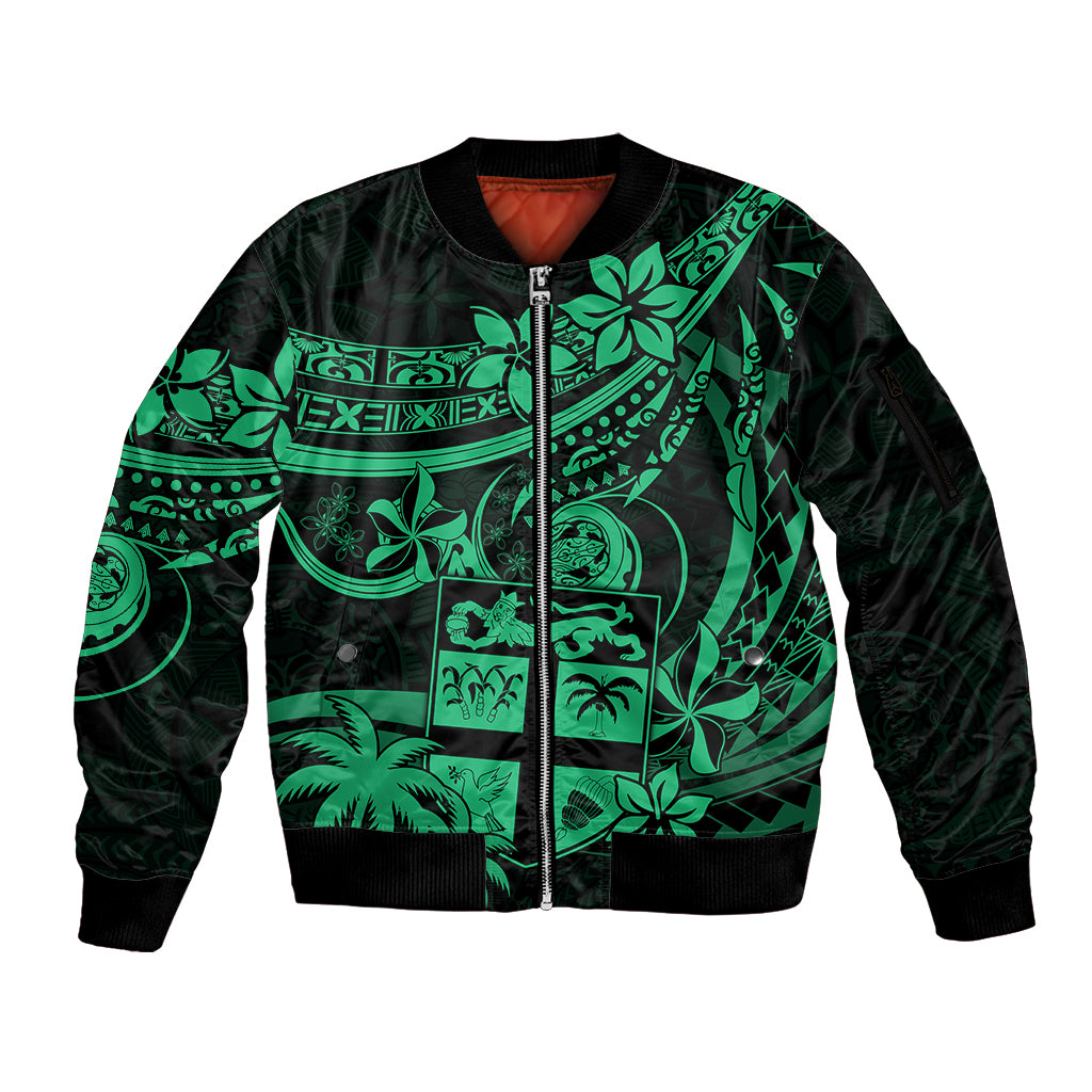 Fiji Islands Sleeve Zip Bomber Jacket Coat of Arms Fijian Flower Polynesian Pattern - Green LT9 Unisex Green - Polynesian Pride