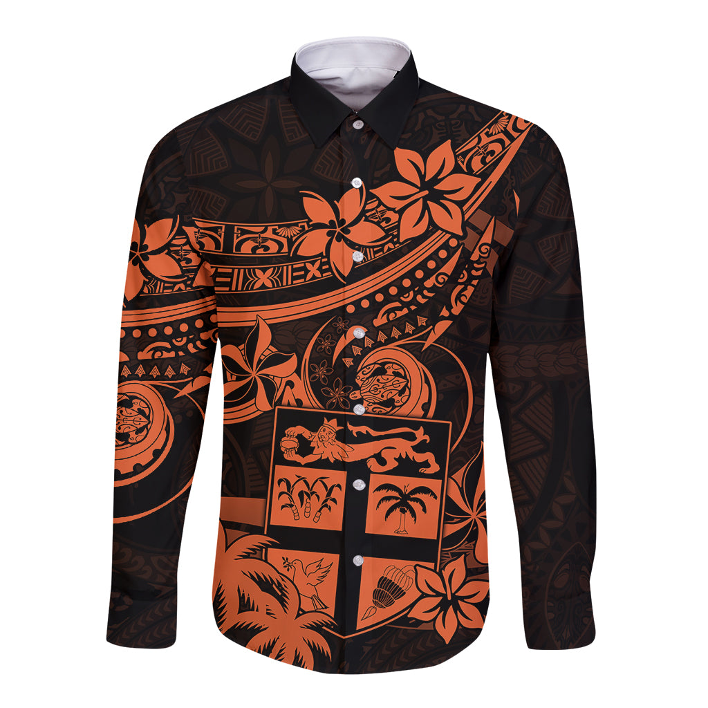 Fiji Islands Long Sleeve Button Shirt Coat of Arms Fijian Flower Polynesian Pattern - Orange LT9 Unisex Orange - Polynesian Pride