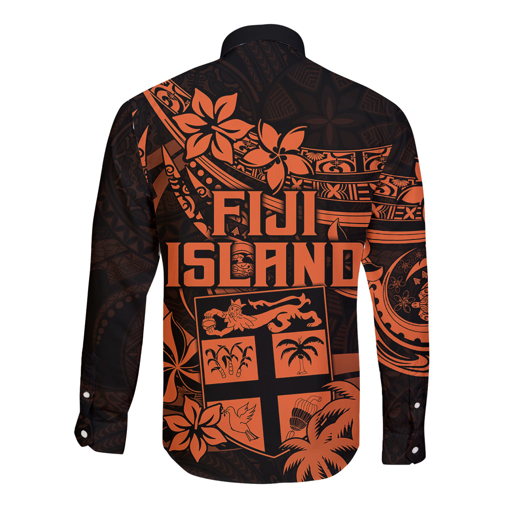 Fiji Islands Long Sleeve Button Shirt Coat of Arms Fijian Flower Polynesian Pattern - Orange LT9 - Polynesian Pride
