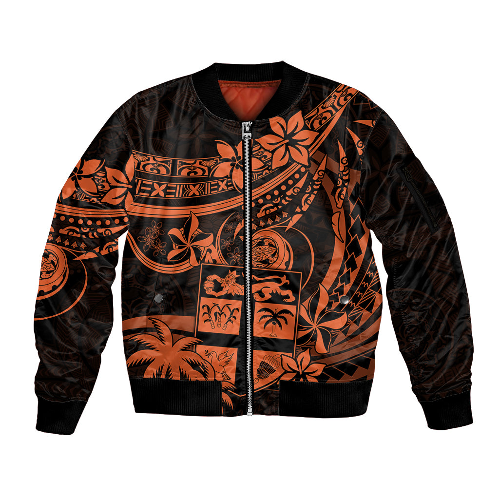 Fiji Islands Sleeve Zip Bomber Jacket Coat of Arms Fijian Flower Polynesian Pattern - Orange LT9 Unisex Orange - Polynesian Pride