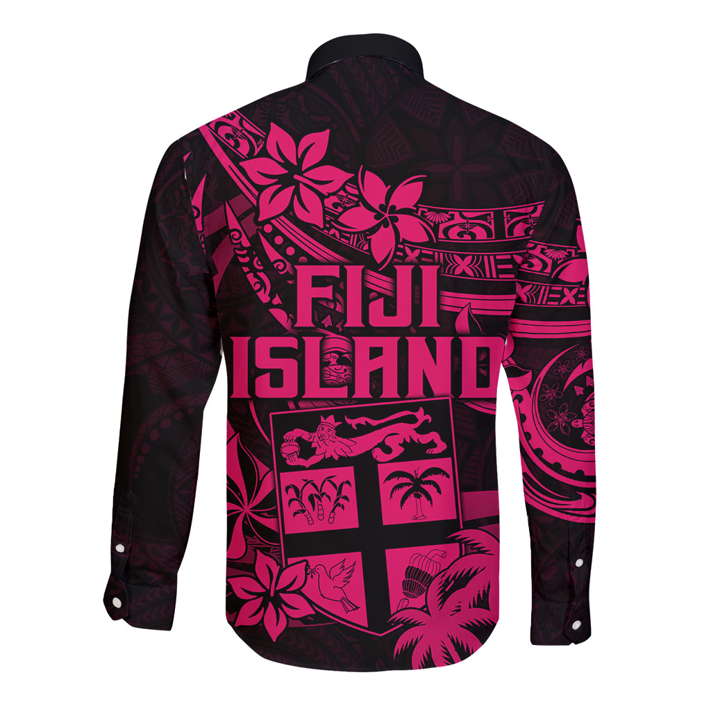 Fiji Islands Long Sleeve Button Shirt Coat of Arms Fijian Flower Polynesian Pattern - Pink LT9 - Polynesian Pride
