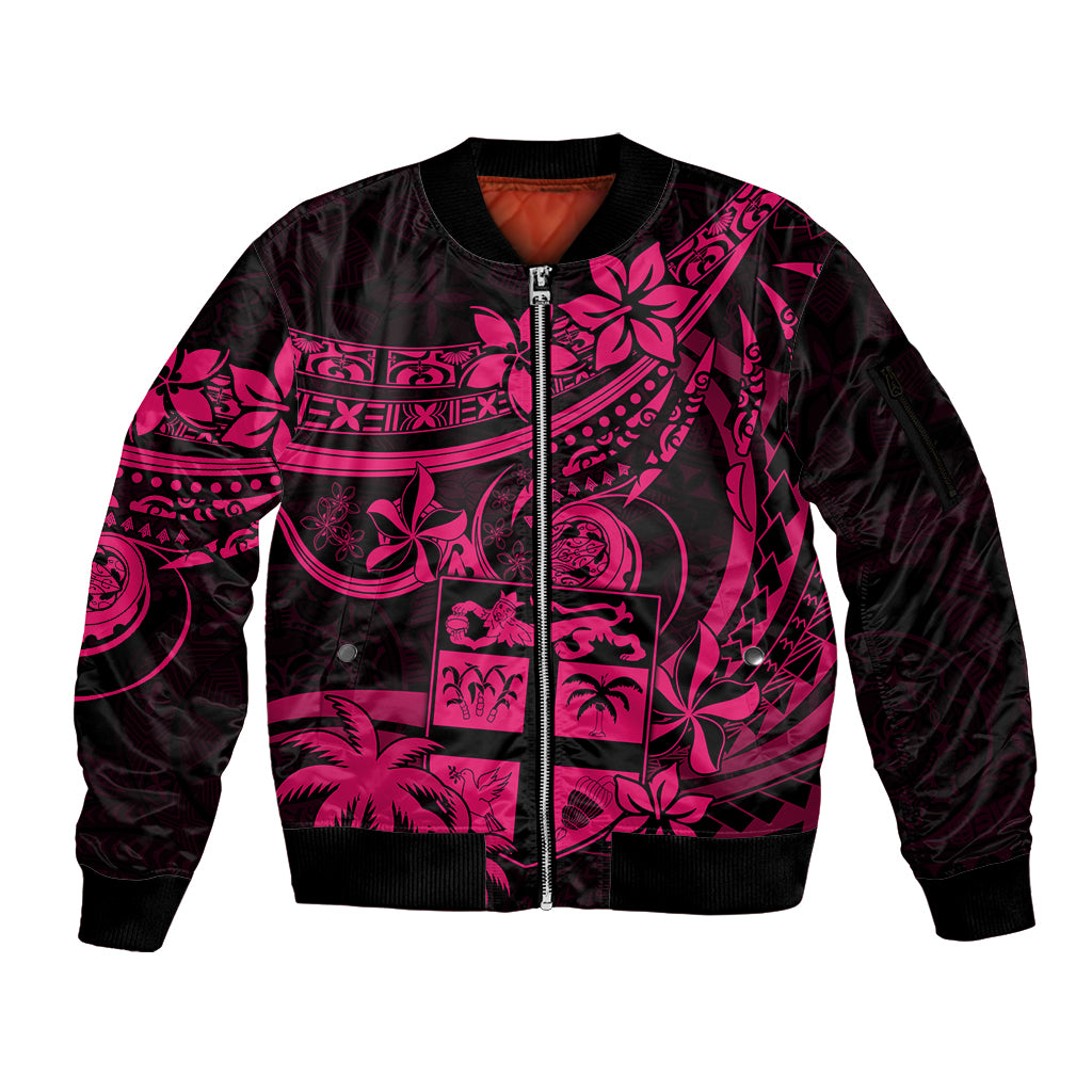 Fiji Islands Sleeve Zip Bomber Jacket Coat of Arms Fijian Flower Polynesian Pattern - Pink LT9 Unisex Pink - Polynesian Pride