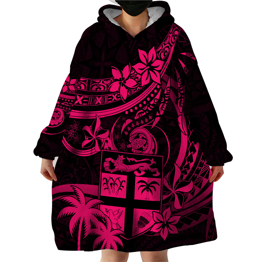Fiji Islands Wearable Blanket Hoodie Coat of Arms Fijian Flower Polynesian Pattern - Pink LT9 - Polynesian Pride