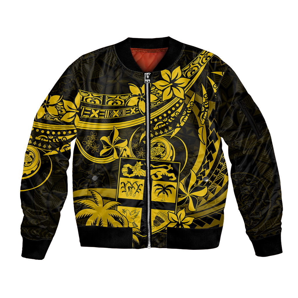 Fiji Islands Sleeve Zip Bomber Jacket Coat of Arms Fijian Flower Polynesian Pattern - Yellow LT9 Unisex Yellow - Polynesian Pride