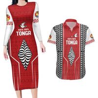 Custom Tonga Rugby Couples Matching Long Sleeve Bodycon Dress and Hawaiian Shirt Mate Maa Kupesi Style LT9 Red - Polynesian Pride