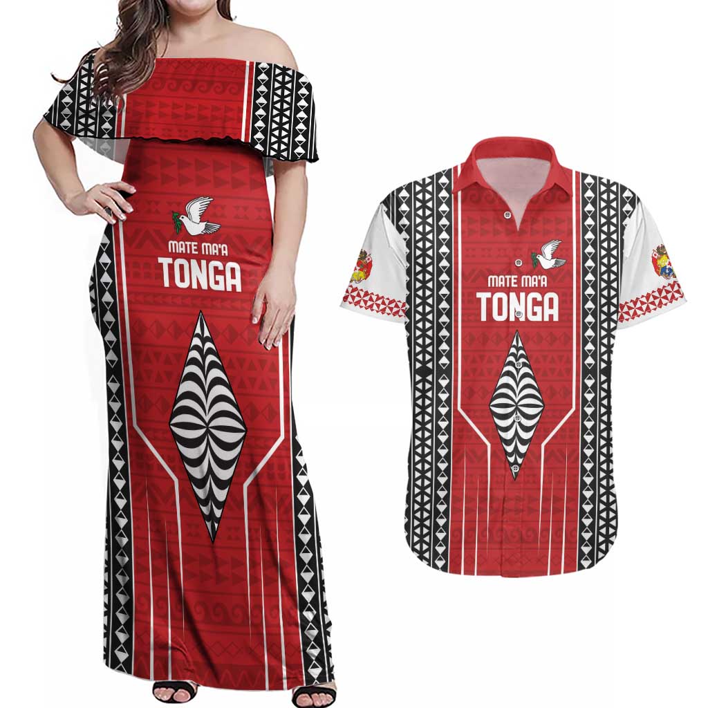 Custom Tonga Rugby Couples Matching Off Shoulder Maxi Dress and Hawaiian Shirt Mate Maa Kupesi Style