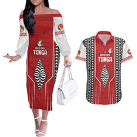 Custom Tonga Rugby Couples Matching Off The Shoulder Long Sleeve Dress and Hawaiian Shirt Mate Maa Kupesi Style LT9 Red - Polynesian Pride