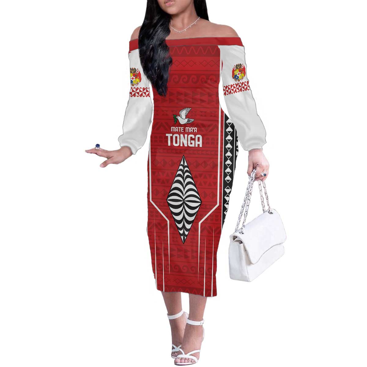 Custom Tonga Rugby Family Matching Off The Shoulder Long Sleeve Dress and Hawaiian Shirt Mate Maa Kupesi Style