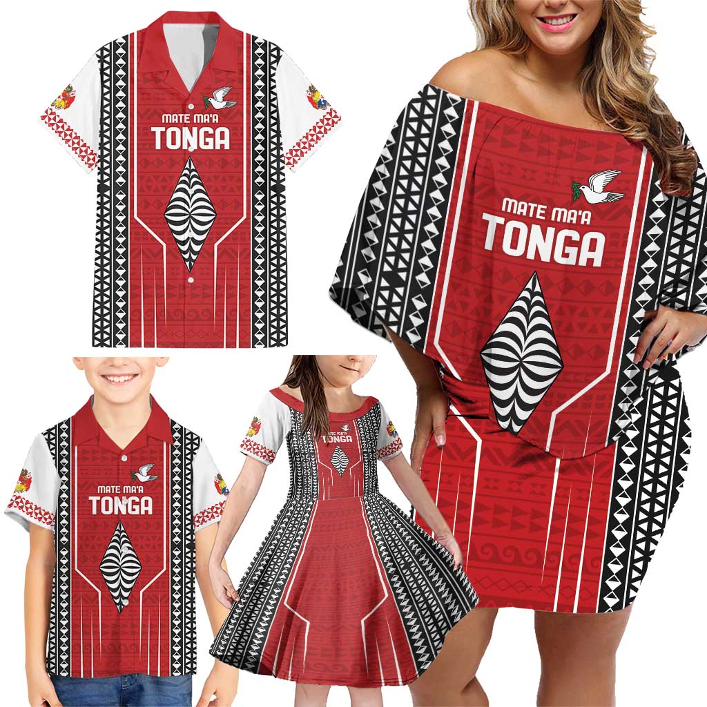 Custom Tonga Rugby Family Matching Off Shoulder Short Dress and Hawaiian Shirt Mate Maa Kupesi Style