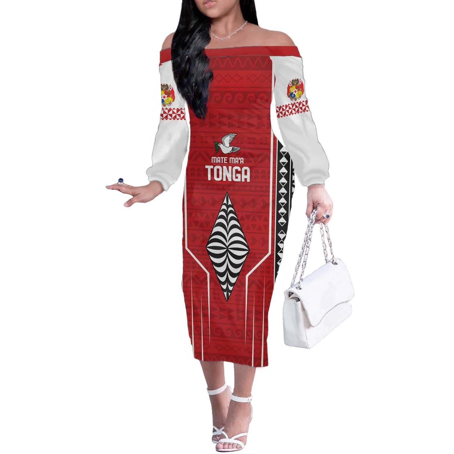 Custom Tonga Rugby Off The Shoulder Long Sleeve Dress Mate Maa Kupesi Style