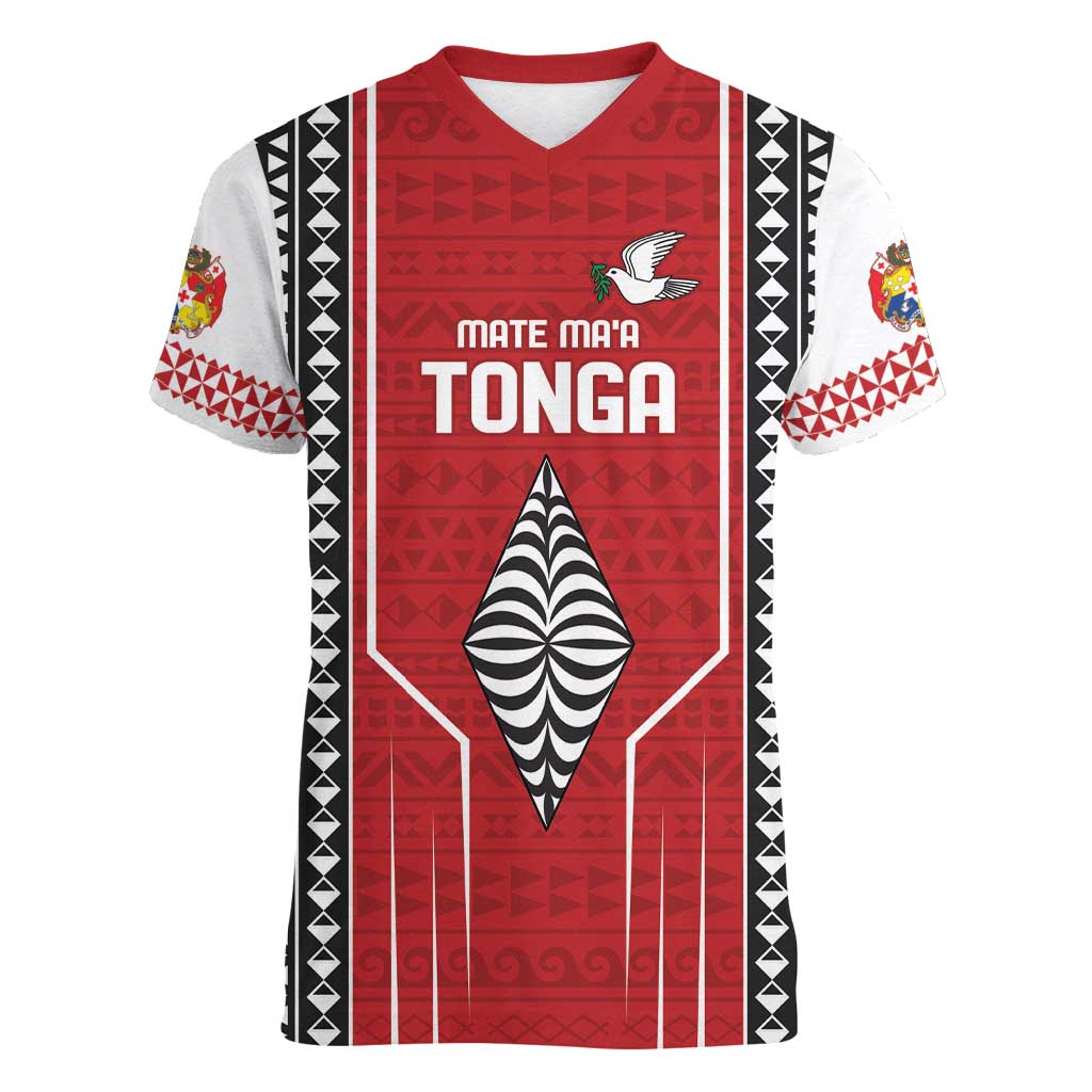 Custom Tonga Rugby Women V-Neck T-Shirt Mate Maa Kupesi Style LT9 Female Red - Polynesian Pride