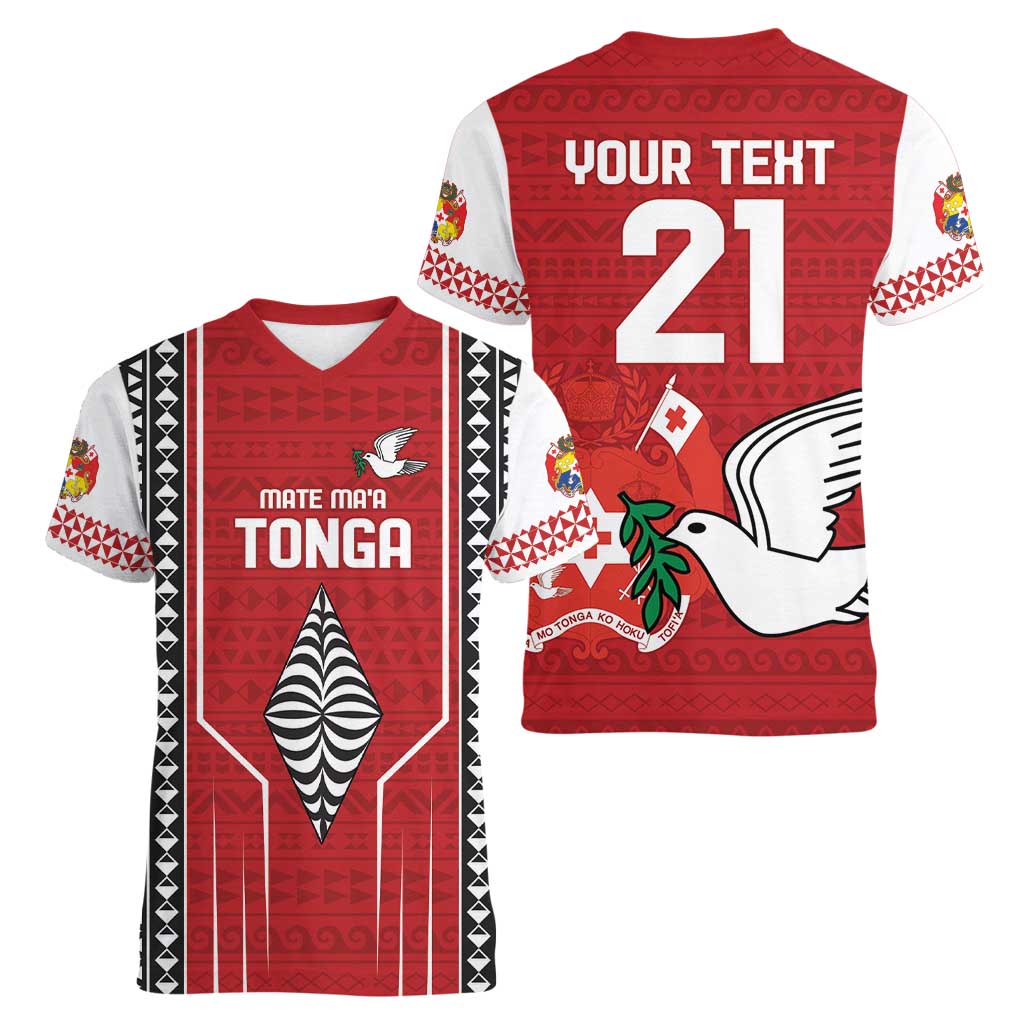 Custom Tonga Rugby Women V-Neck T-Shirt Mate Maa Kupesi Style LT9 - Polynesian Pride