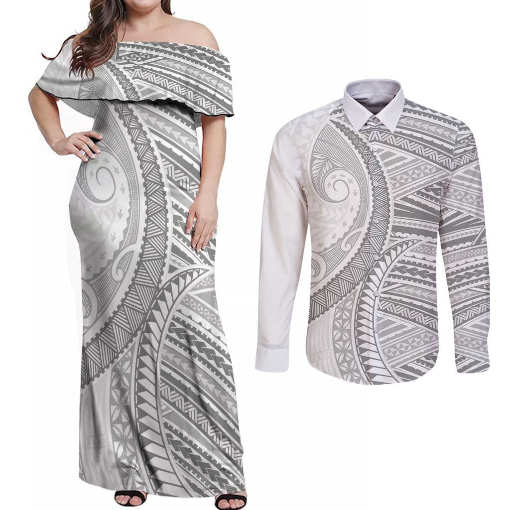 American Samoa White Sunday Couples Matching Off Shoulder Maxi Dress and Long Sleeve Button Shirt Polynesian Lotu Tamaiti - Polynesian Pride