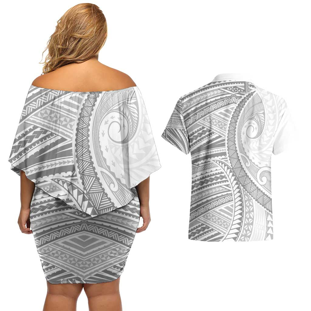American Samoa White Sunday Couples Matching Off Shoulder Short Dress and Hawaiian Shirt Polynesian Lotu Tamaiti - Polynesian Pride