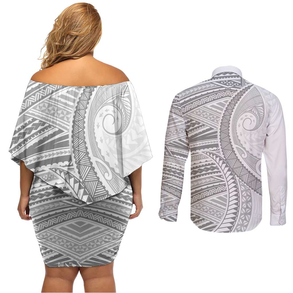 American Samoa White Sunday Couples Matching Off Shoulder Short Dress and Long Sleeve Button Shirt Polynesian Lotu Tamaiti - Polynesian Pride