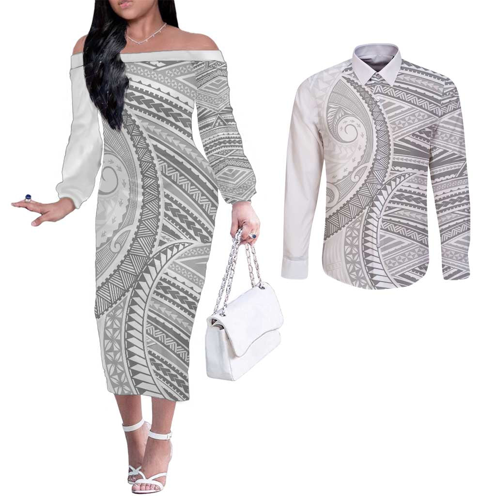 American Samoa White Sunday Couples Matching Off The Shoulder Long Sleeve Dress and Long Sleeve Button Shirt Polynesian Lotu Tamaiti - Polynesian Pride