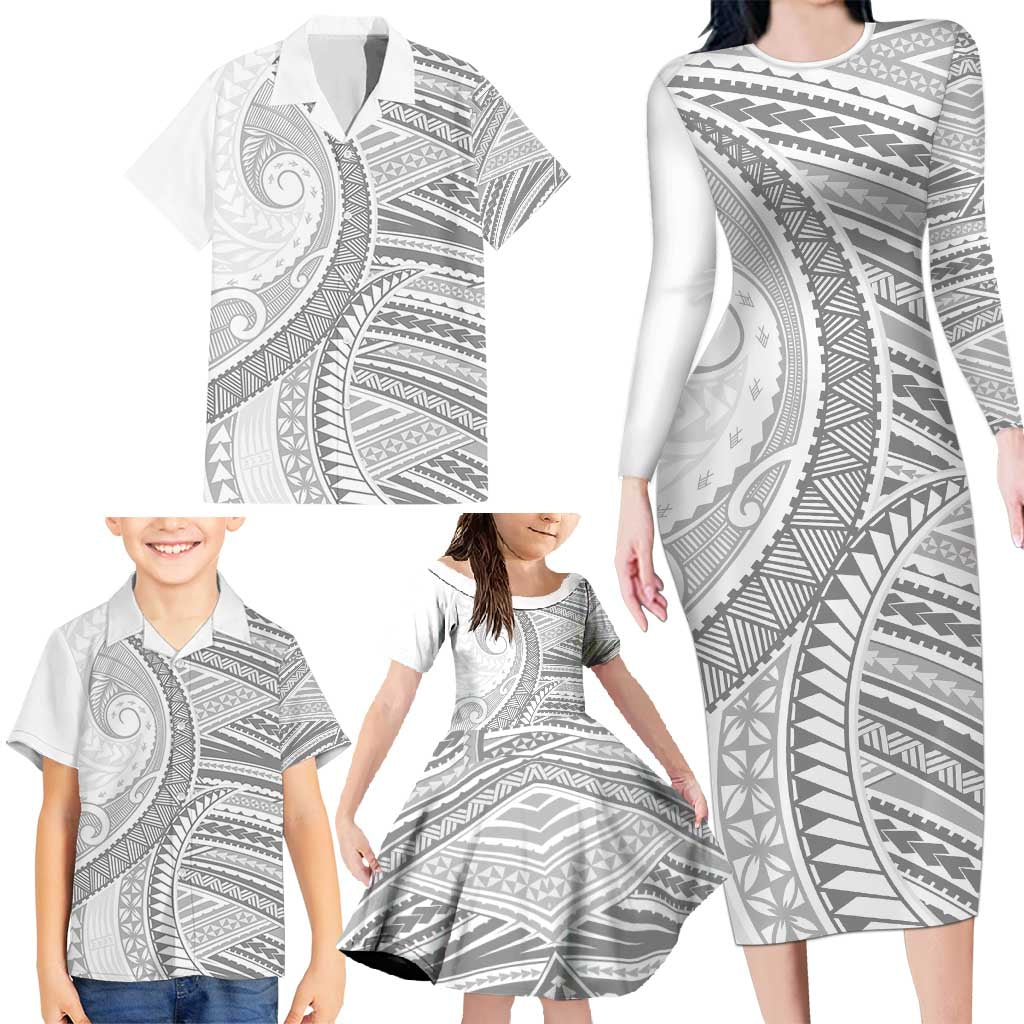 American Samoa White Sunday Family Matching Long Sleeve Bodycon Dress and Hawaiian Shirt Polynesian Lotu Tamaiti - Polynesian Pride