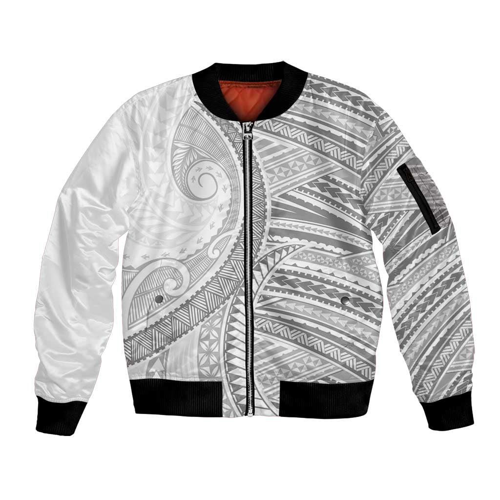 American Samoa White Sunday Sleeve Zip Bomber Jacket Polynesian Lotu Tamaiti - Polynesian Pride
