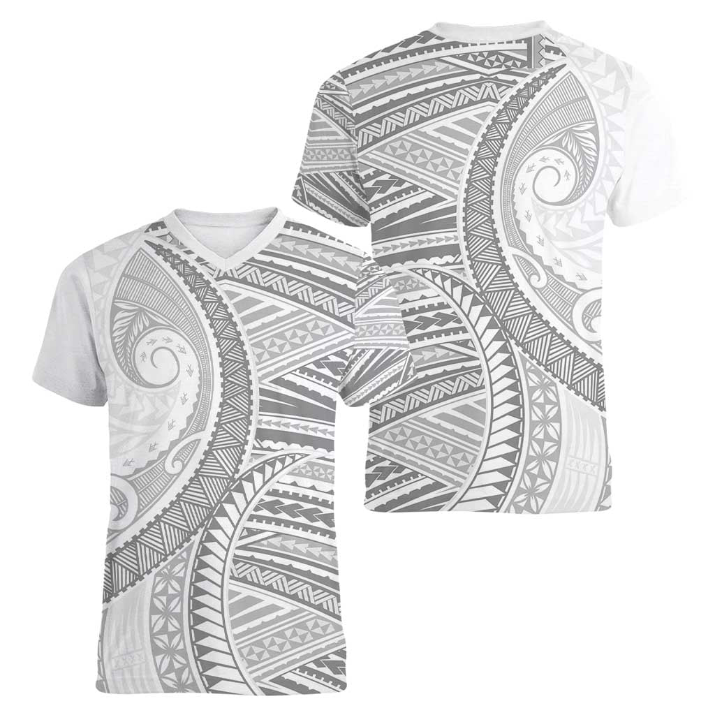 American Samoa White Sunday Women V-Neck T-Shirt Polynesian Lotu Tamaiti - Polynesian Pride