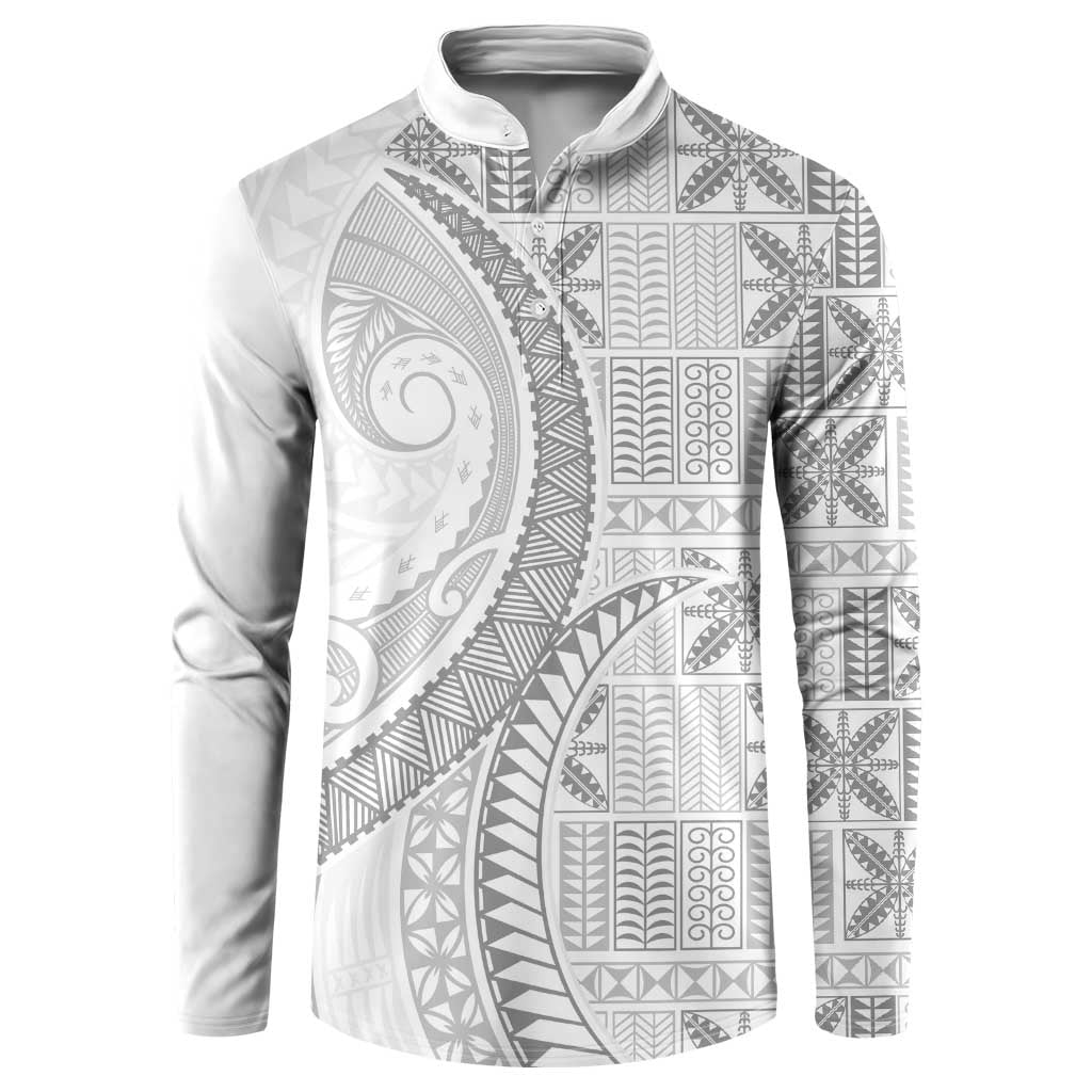 Niue White Sunday Button Sweatshirt Niuean Lotu Tamaiti Hiapo Pattern - Polynesian Pride
