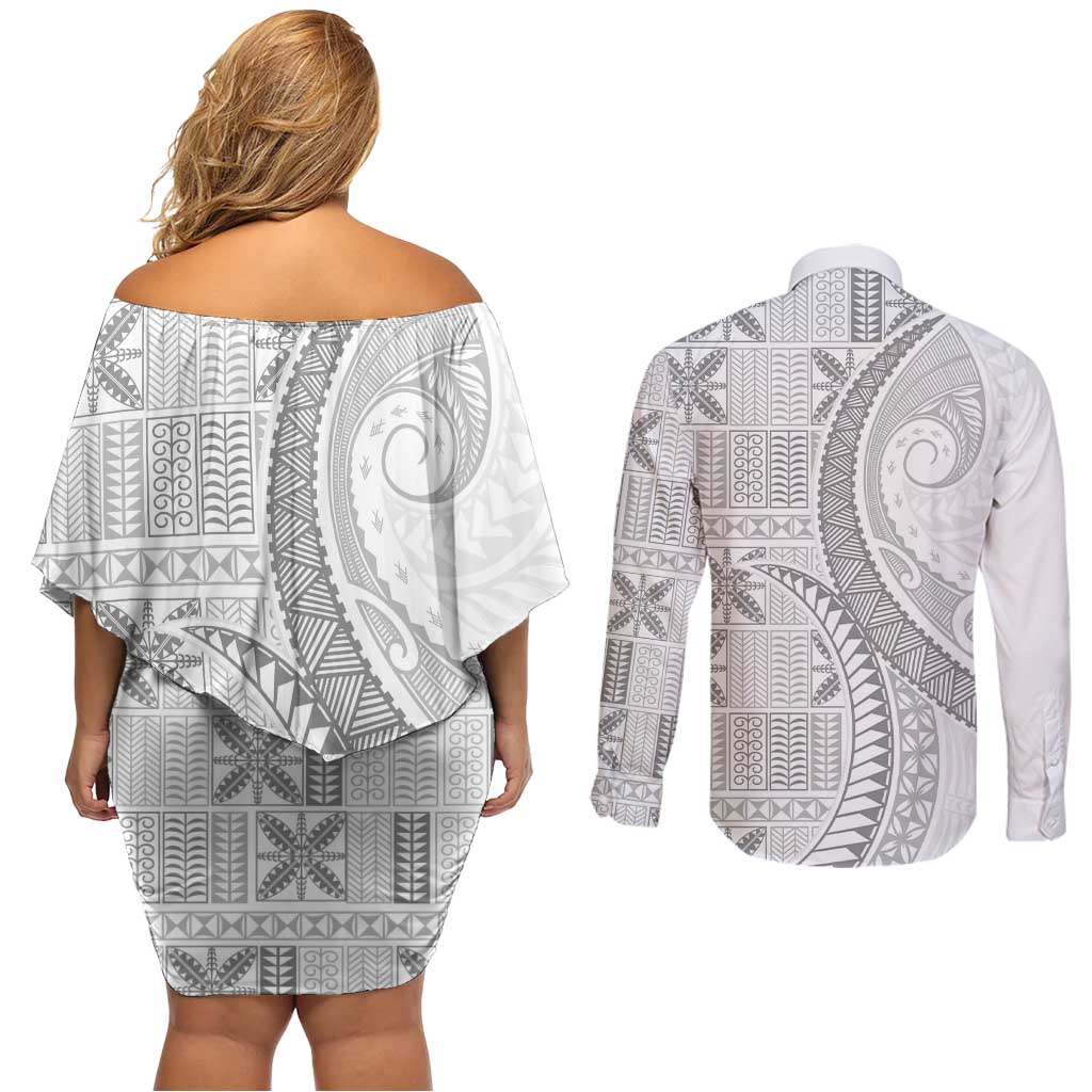 Niue White Sunday Couples Matching Off Shoulder Short Dress and Long Sleeve Button Shirt Niuean Lotu Tamaiti Hiapo Pattern - Polynesian Pride