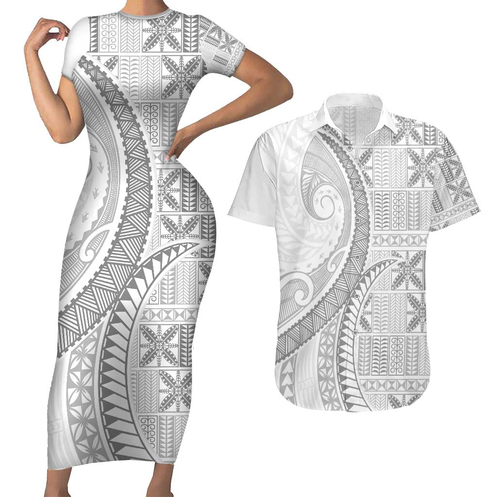 Niue White Sunday Couples Matching Short Sleeve Bodycon Dress and Hawaiian Shirt Niuean Lotu Tamaiti Hiapo Pattern - Polynesian Pride