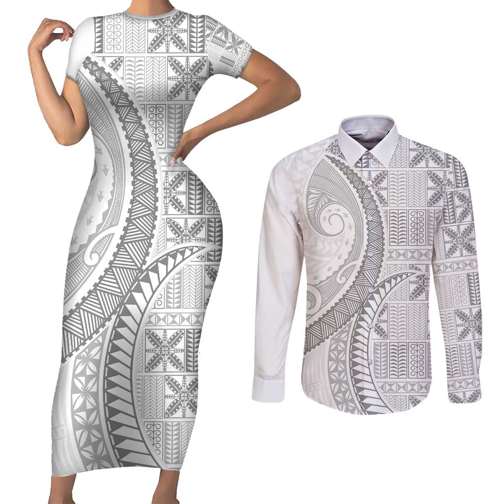 Niue White Sunday Couples Matching Short Sleeve Bodycon Dress and Long Sleeve Button Shirt Niuean Lotu Tamaiti Hiapo Pattern - Polynesian Pride