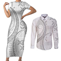 Niue White Sunday Couples Matching Short Sleeve Bodycon Dress and Long Sleeve Button Shirt Niuean Lotu Tamaiti Hiapo Pattern - Polynesian Pride