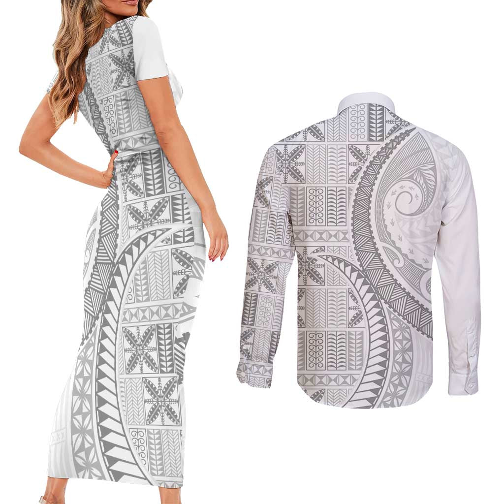 Niue White Sunday Couples Matching Short Sleeve Bodycon Dress and Long Sleeve Button Shirt Niuean Lotu Tamaiti Hiapo Pattern - Polynesian Pride