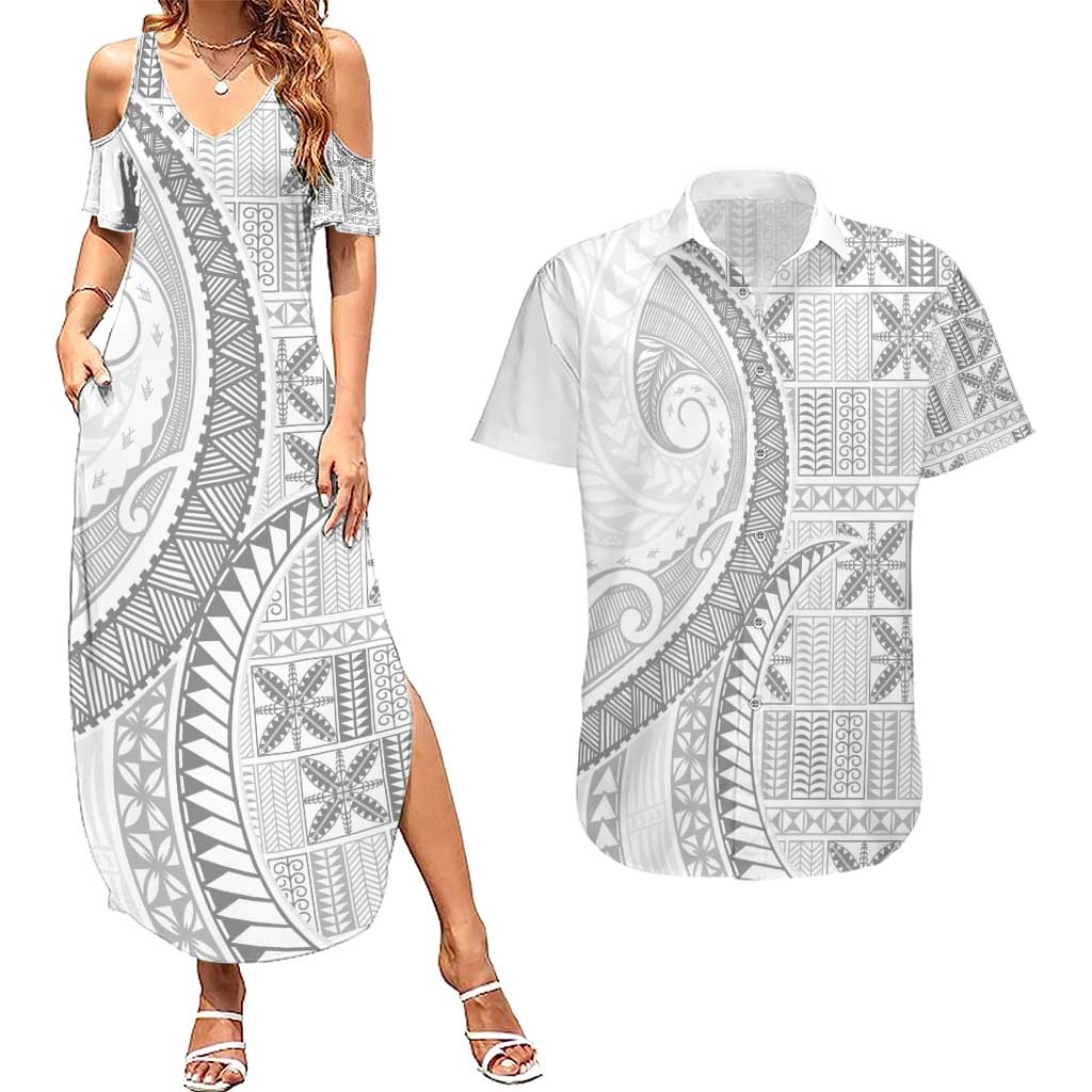 Niue White Sunday Couples Matching Summer Maxi Dress and Hawaiian Shirt Niuean Lotu Tamaiti Hiapo Pattern - Polynesian Pride