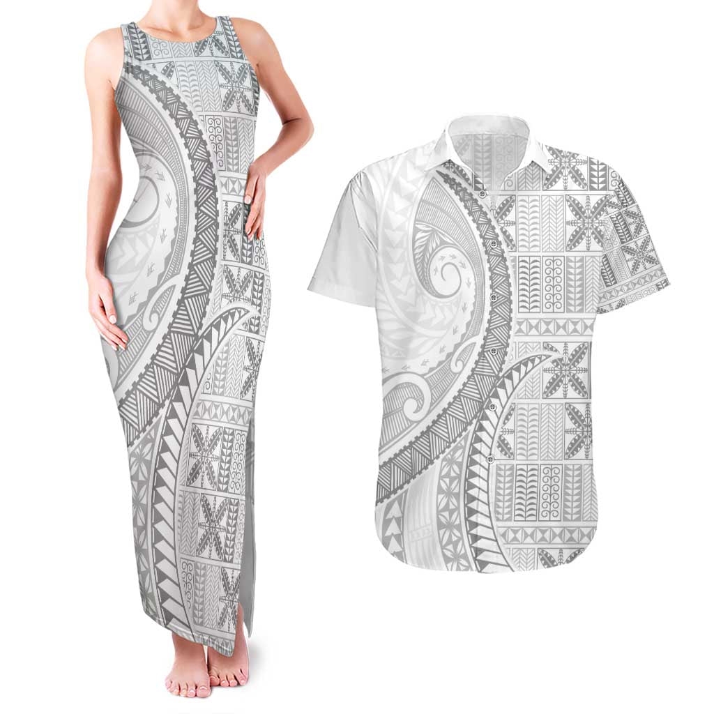 Niue White Sunday Couples Matching Tank Maxi Dress and Hawaiian Shirt Niuean Lotu Tamaiti Hiapo Pattern - Polynesian Pride