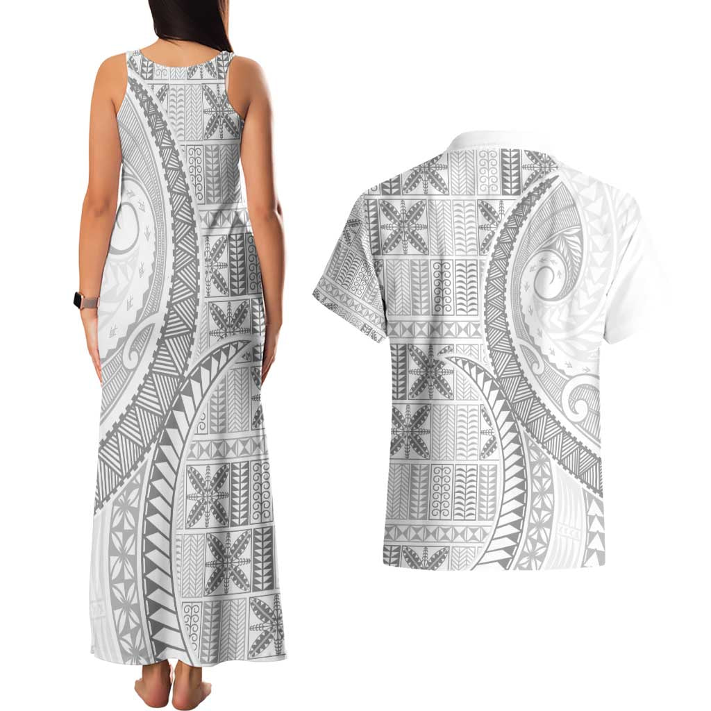Niue White Sunday Couples Matching Tank Maxi Dress and Hawaiian Shirt Niuean Lotu Tamaiti Hiapo Pattern - Polynesian Pride