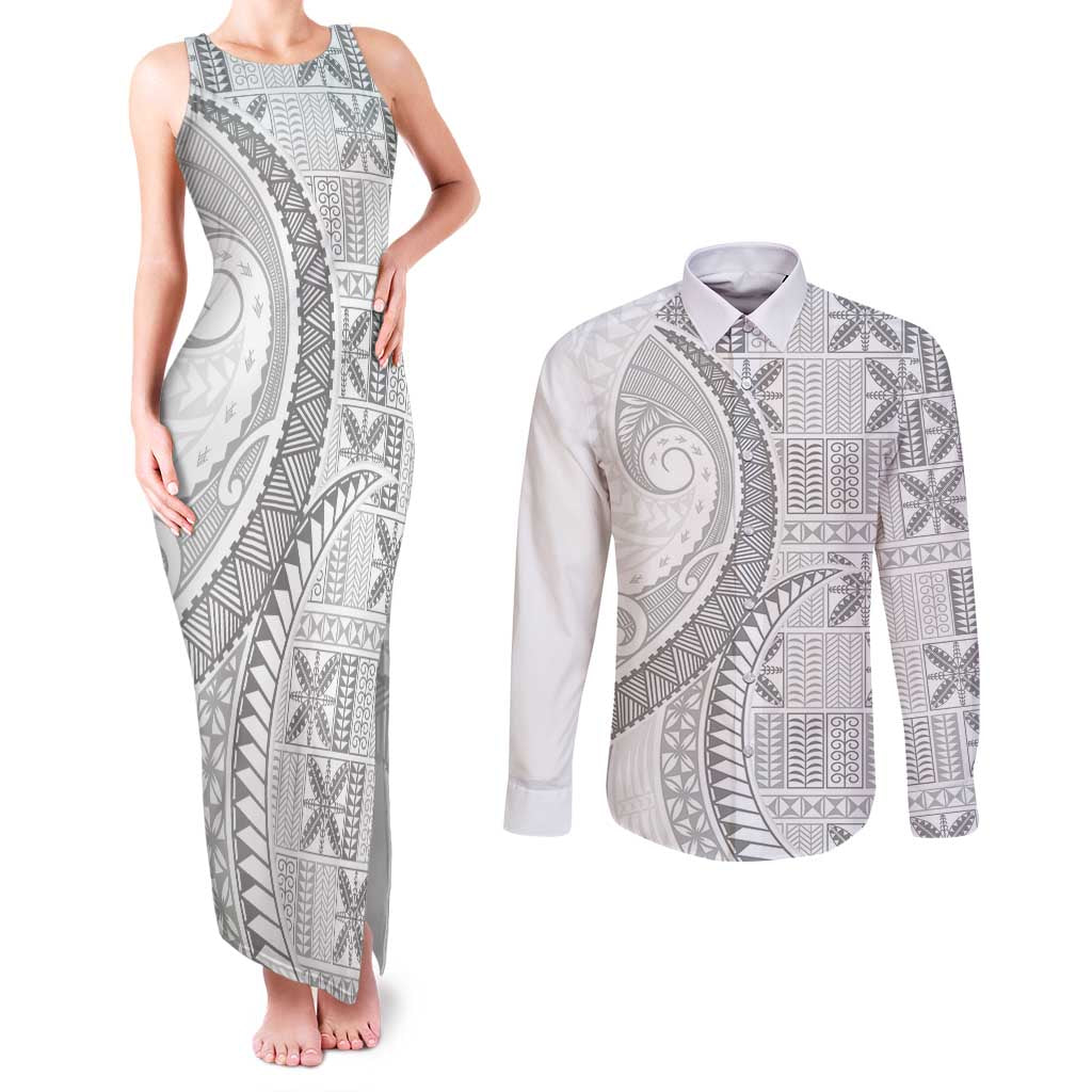 Niue White Sunday Couples Matching Tank Maxi Dress and Long Sleeve Button Shirt Niuean Lotu Tamaiti Hiapo Pattern LT9 White - Polynesian Pride