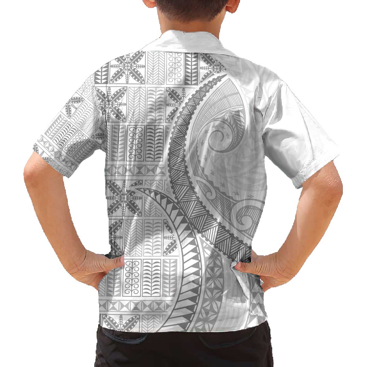 Niue White Sunday Family Matching Off The Shoulder Long Sleeve Dress and Hawaiian Shirt Niuean Lotu Tamaiti Hiapo Pattern - Polynesian Pride