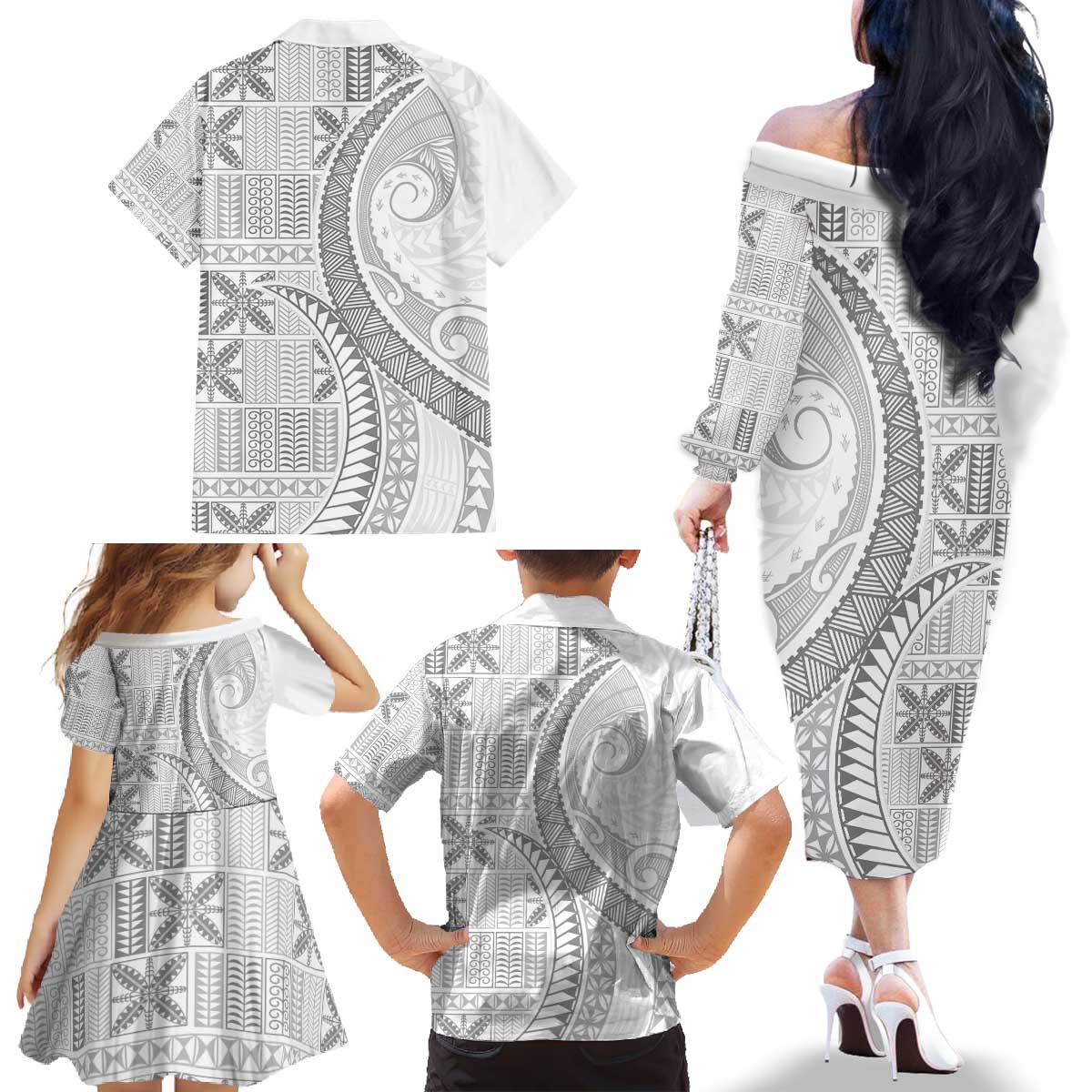 Niue White Sunday Family Matching Off The Shoulder Long Sleeve Dress and Hawaiian Shirt Niuean Lotu Tamaiti Hiapo Pattern - Polynesian Pride