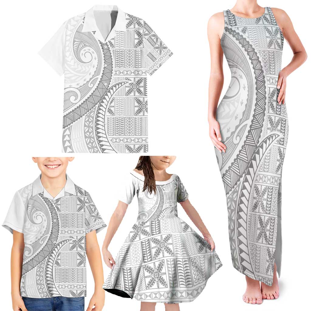 Niue White Sunday Family Matching Tank Maxi Dress and Hawaiian Shirt Niuean Lotu Tamaiti Hiapo Pattern LT9 - Polynesian Pride